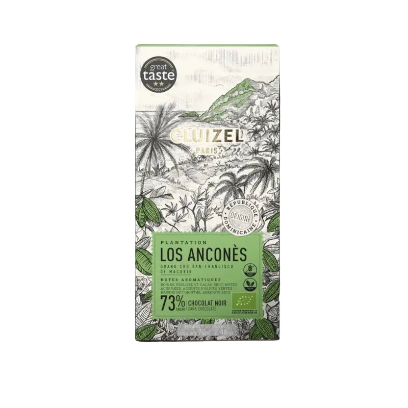 Chocolate bar packaging with Cluizel branding and 'Los Ancones' label on a white background