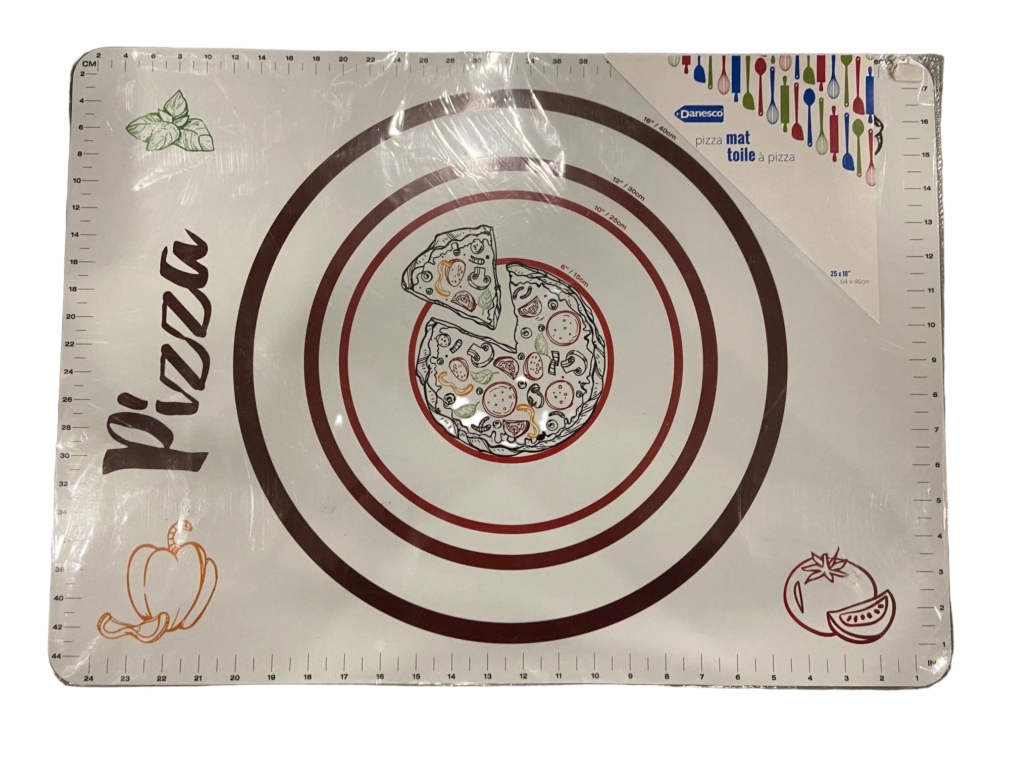 Pizza-themed baking mat with measurements on a metallic surface