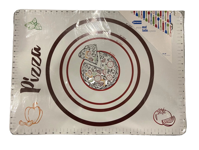 Pizza-themed baking mat with measurements on a metallic surface