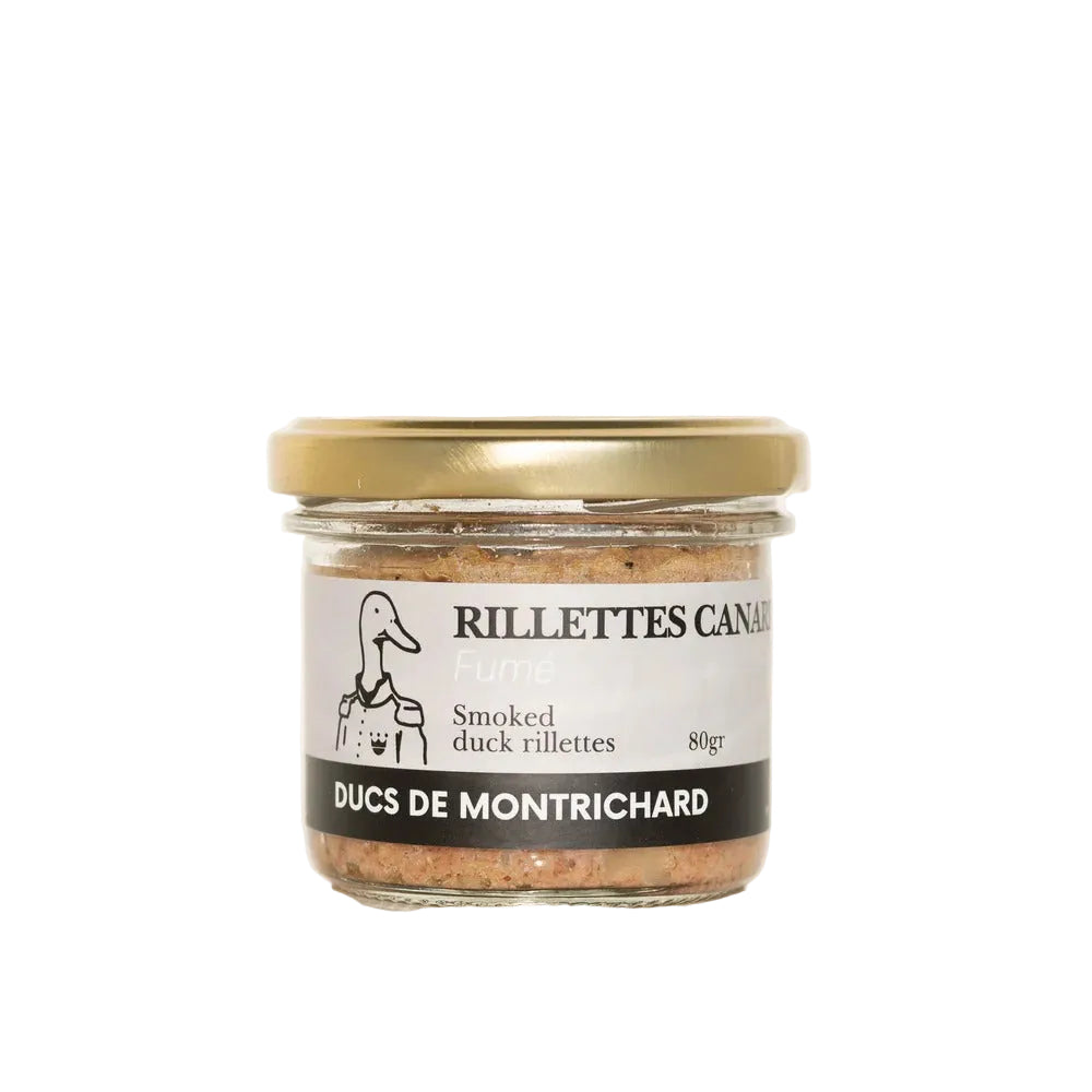Jar of Ducs de Montrichard smoked duck rillettes on a white background