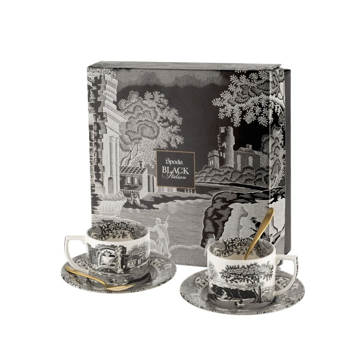 Set of 2 Black Italian Teacups & Spoons Gift Set