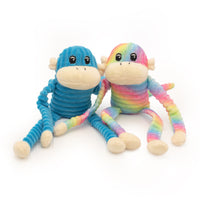 Spencer the Crinkle Monkey, paquete de 2 juguetes pequeños para perros , arcoíris y azul