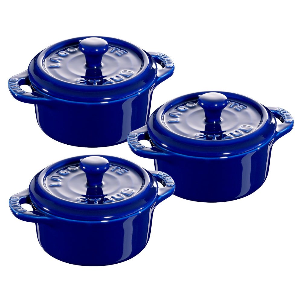 Set of 3 mini blue ceramic casserole dishes, 10cm, 250ml
